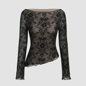 Sold out Black Elegant Lace Off-shoulder Floral Lace Long Sleeve Top - XS
